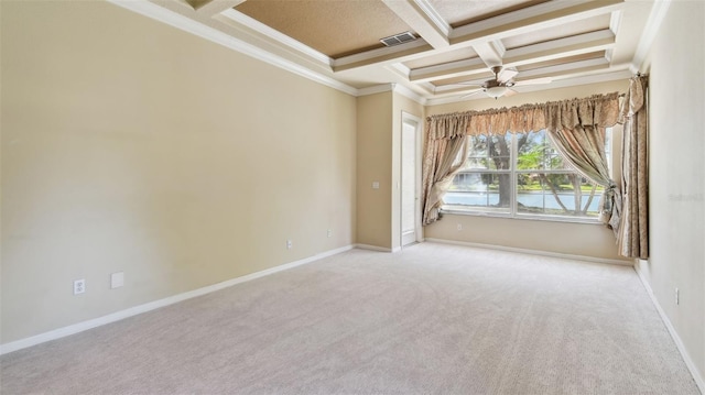 2024 Capri Ln, Mount Dora, FL 32757 - carpeted spare room featuring coffered ceiling, crown molding, beamed ceiling, and ceiling fan