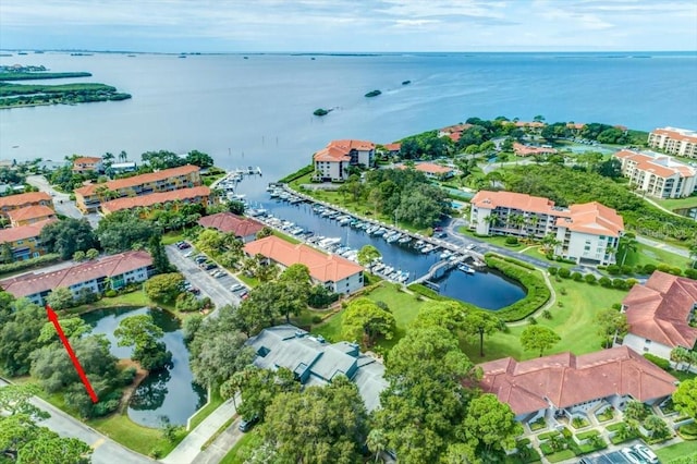 bird's eye view with a water view