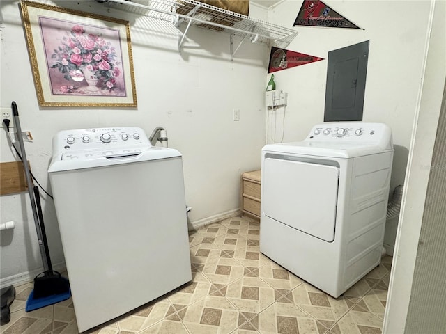 laundry room featuring electric panel and washer and dryer