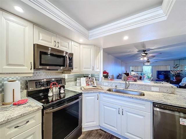 kitchen featuring ornamental molding, stainless steel appliances, a raised ceiling, sink, and white cabinets