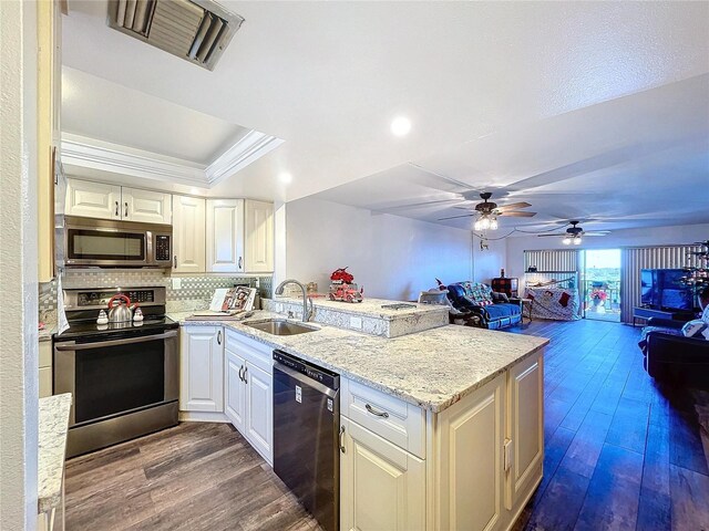 kitchen with kitchen peninsula, appliances with stainless steel finishes, dark hardwood / wood-style flooring, light stone countertops, and sink