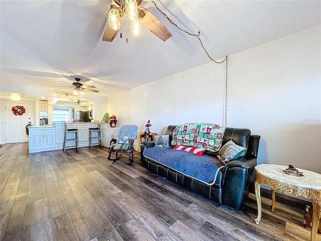 living room with ceiling fan and wood-type flooring