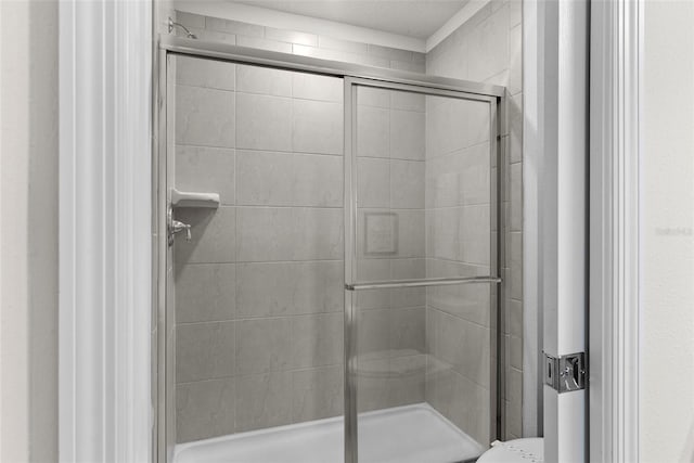 bathroom featuring a shower with shower door and toilet