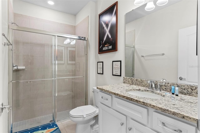 bathroom featuring tile patterned flooring, vanity, toilet, and an enclosed shower