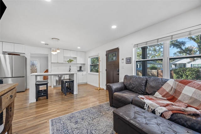 living room with light hardwood / wood-style floors and sink