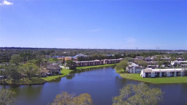 aerial view featuring a water view and a residential view