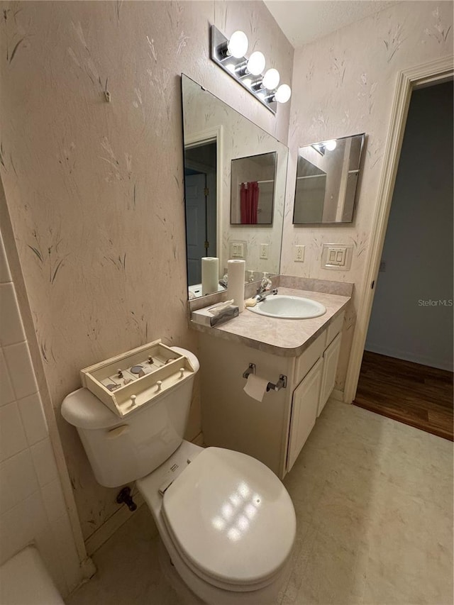 bathroom with vanity, hardwood / wood-style flooring, and toilet