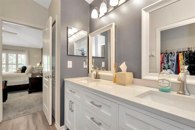 bathroom with vanity and hardwood / wood-style flooring