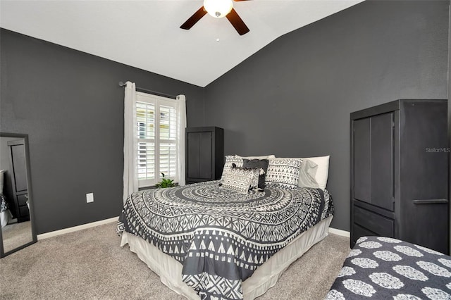 bedroom featuring ceiling fan, carpet, and lofted ceiling