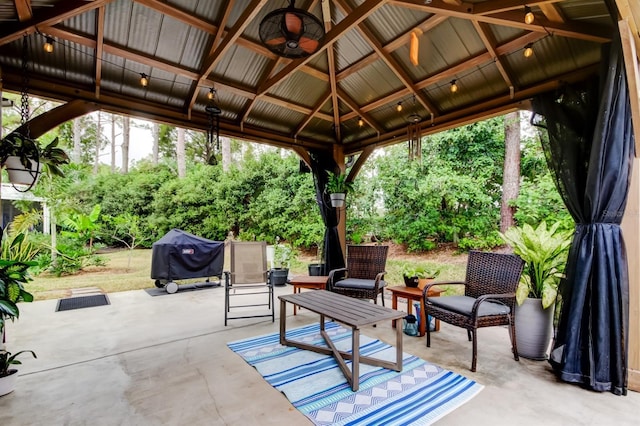 view of patio with a gazebo, a grill, and ceiling fan