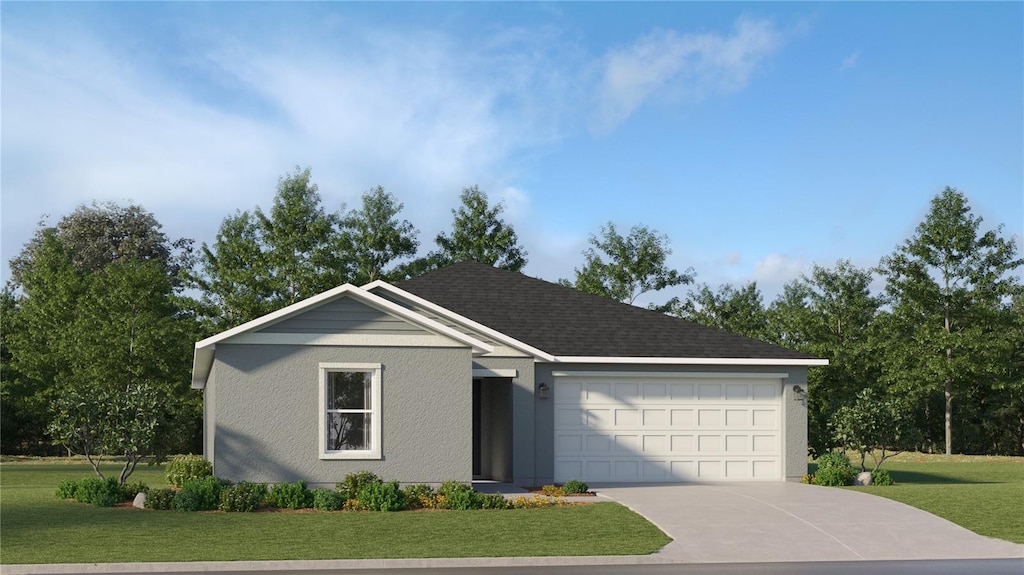 ranch-style home with a garage and a front lawn