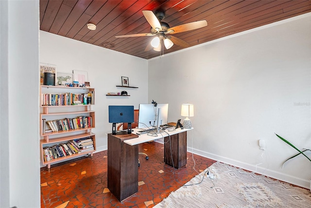 office area featuring ceiling fan and wood ceiling