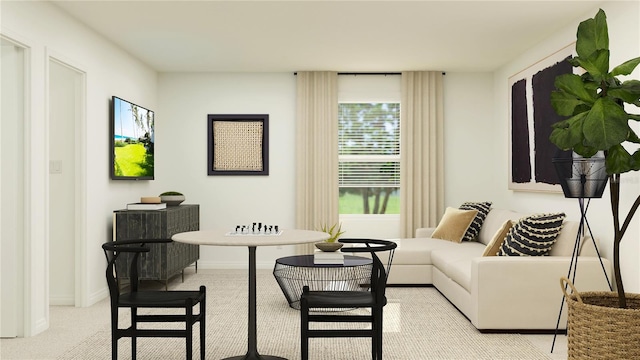 living room with light colored carpet