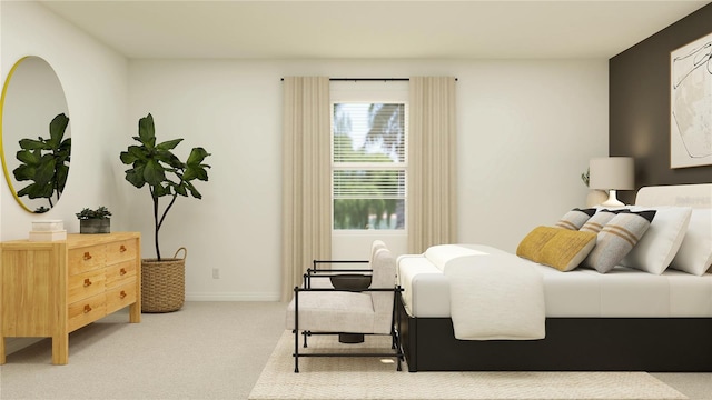 bedroom with light colored carpet