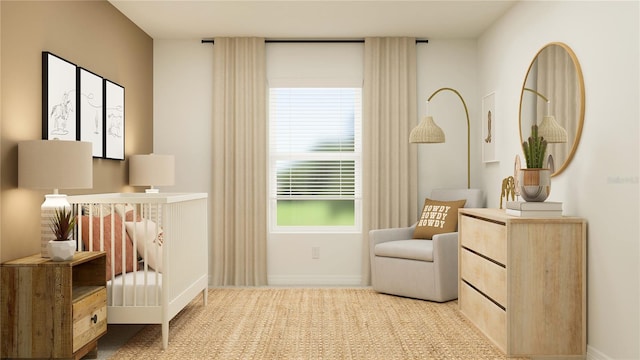 sitting room featuring light colored carpet