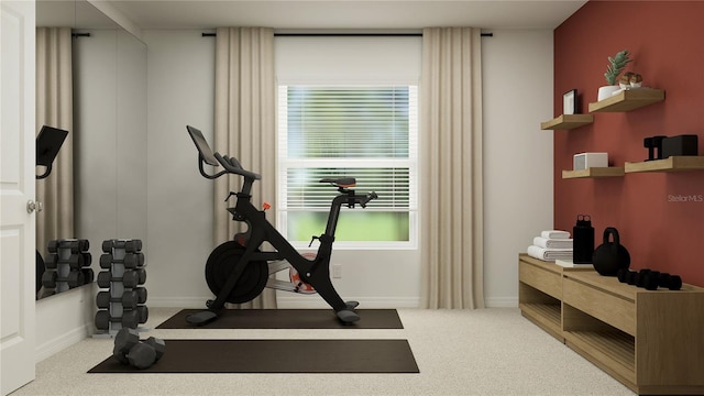 workout area with carpet floors