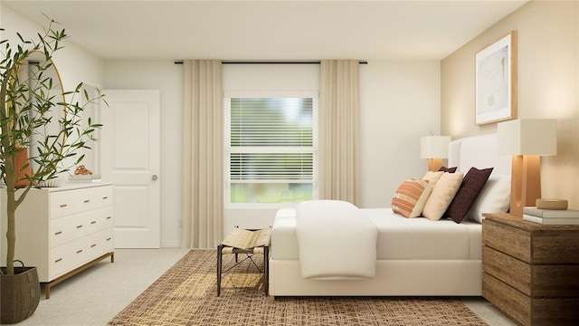 bedroom featuring light carpet