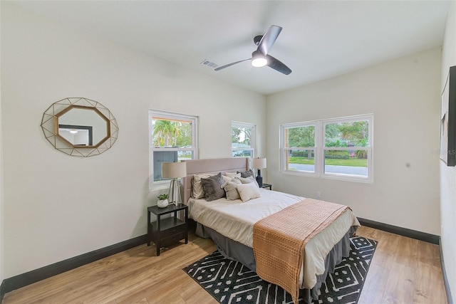 bedroom featuring ceiling fan and light hardwood / wood-style floors