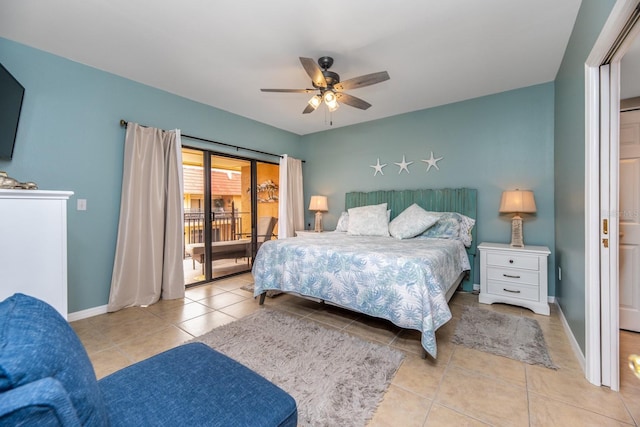 tiled bedroom featuring access to exterior and ceiling fan