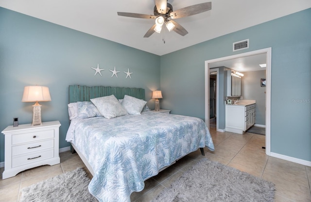 tiled bedroom featuring ceiling fan and ensuite bathroom