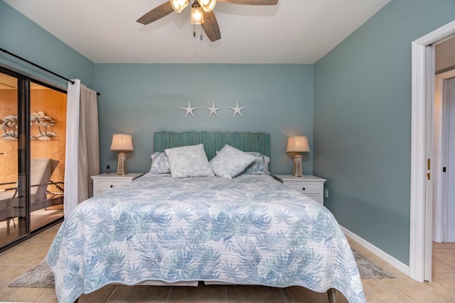 bedroom featuring ceiling fan and light tile patterned floors