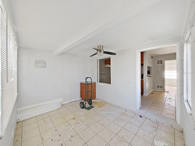 unfurnished room featuring beam ceiling and ceiling fan