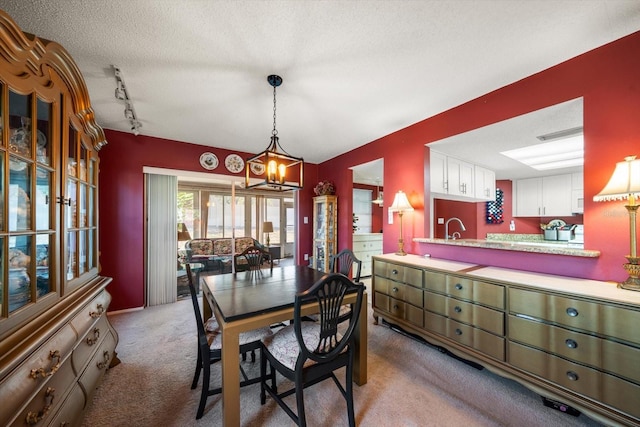 dining room with rail lighting, a textured ceiling, and light carpet