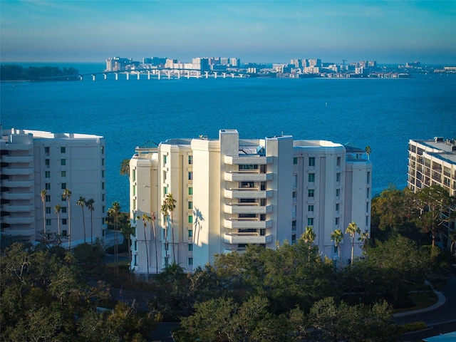 aerial view with a water view and a city view