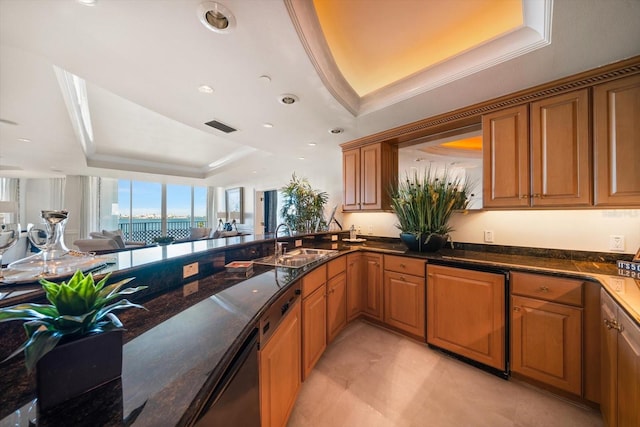 kitchen featuring sink, a raised ceiling, dark stone counters, dishwashing machine, and ornamental molding