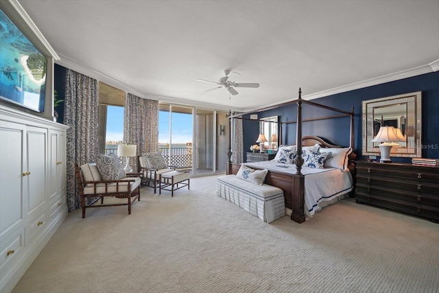 bedroom featuring light carpet, ceiling fan, and crown molding