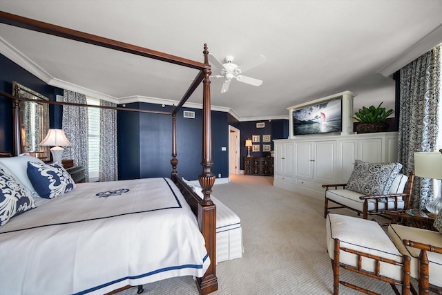 bedroom with carpet flooring, lofted ceiling, ceiling fan, and ornamental molding