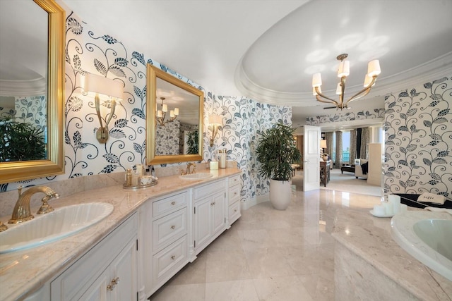 bathroom featuring vanity, crown molding, and an inviting chandelier