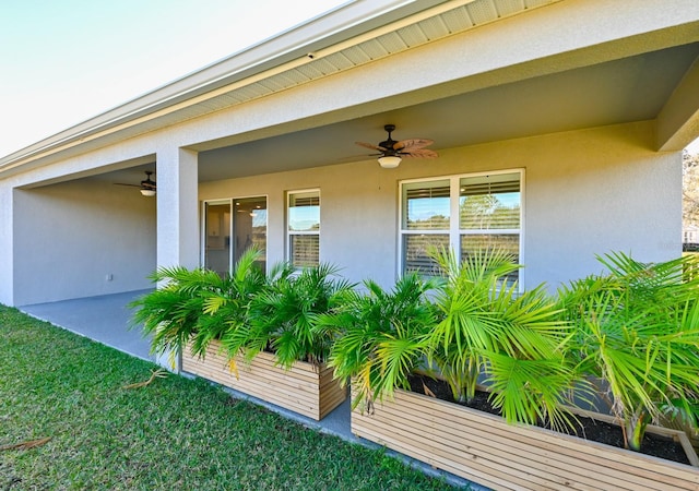 exterior space featuring ceiling fan