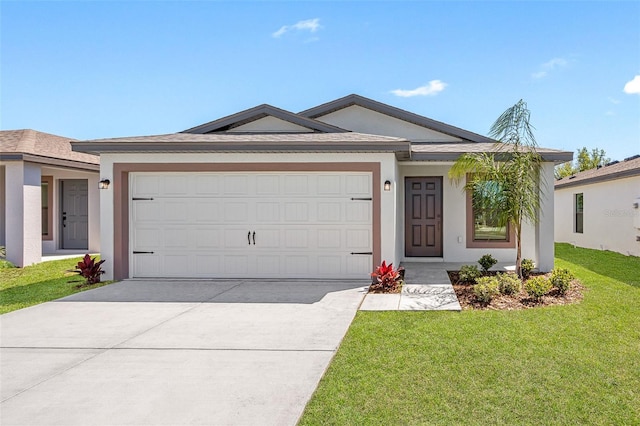 ranch-style house with a garage and a front yard