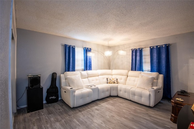 living room with hardwood / wood-style floors and a textured ceiling