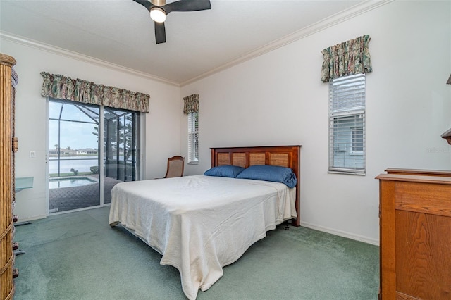 carpeted bedroom with ceiling fan, access to exterior, crown molding, and a water view