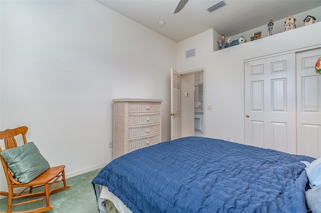 bedroom with carpet, a closet, and ceiling fan