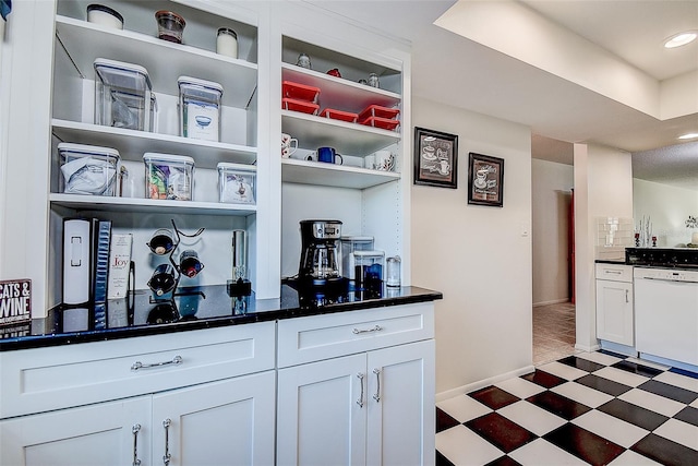 bar with white cabinets and white dishwasher