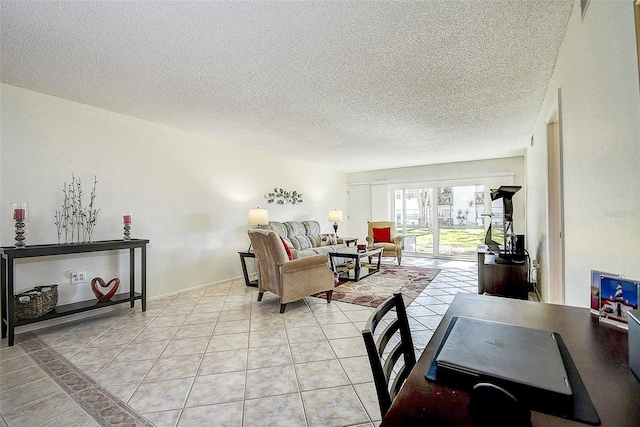 tiled living room with a textured ceiling