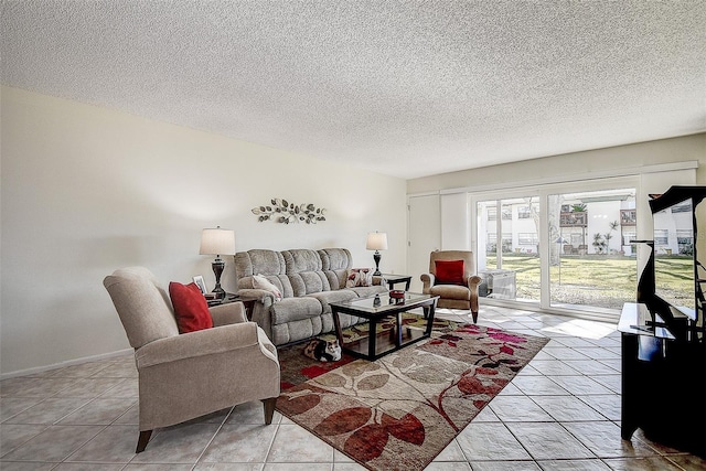 tiled living room with a textured ceiling