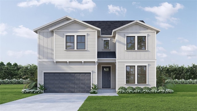 view of front of house with an attached garage, driveway, a shingled roof, and a front yard