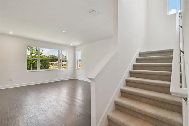 stairs with a wealth of natural light and hardwood / wood-style floors