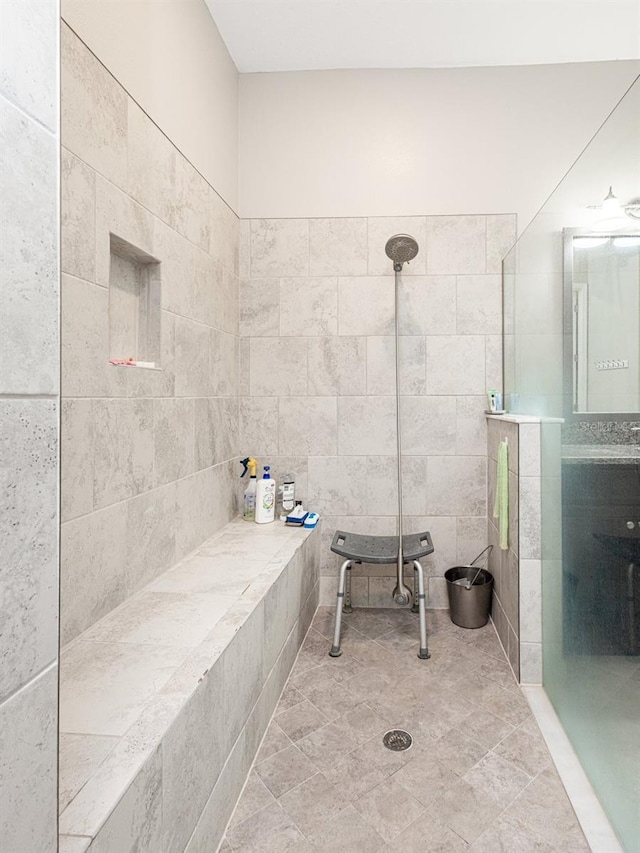 bathroom with vanity and walk in shower