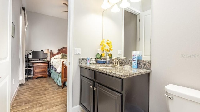 bathroom with hardwood / wood-style floors, vanity, and toilet