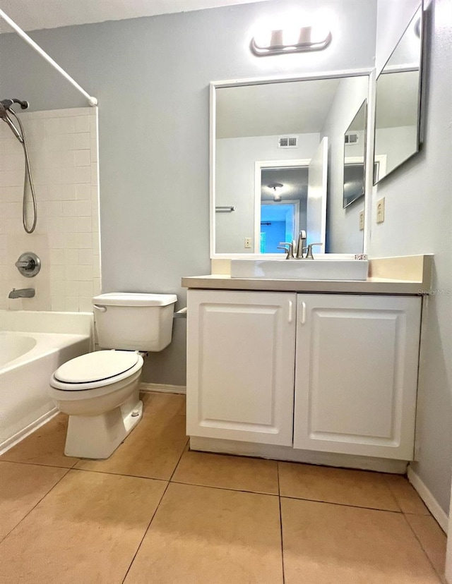 full bath with tile patterned floors, visible vents, toilet, bathtub / shower combination, and vanity