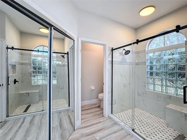 bathroom featuring a shower with shower door, toilet, and wood-type flooring