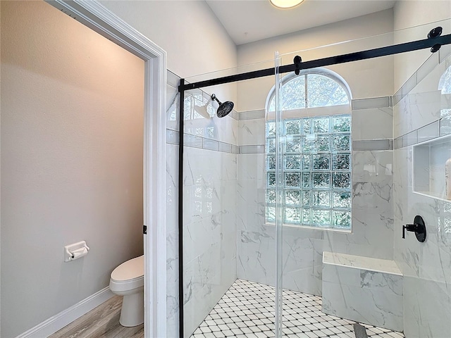 bathroom featuring a shower with door, wood-type flooring, and toilet