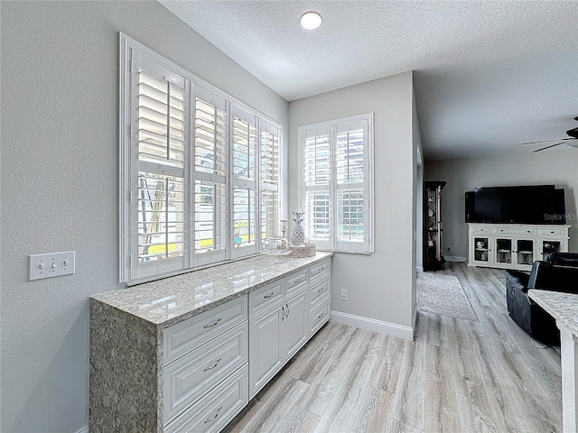 bathroom with ceiling fan, wood-type flooring, and a textured ceiling