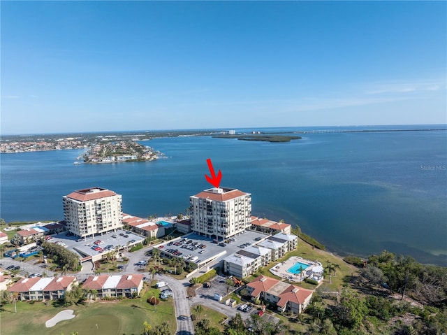 drone / aerial view featuring a water view