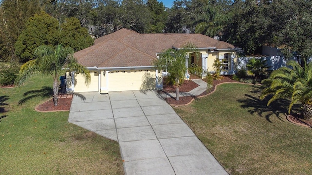 view of front facade with a front yard and a garage